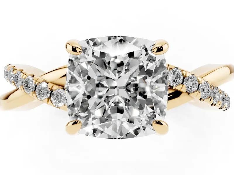 Cushion Cut Diamond Twist Band Solitaire Set in Yellow gold with Pavé Accents and Prong Setting