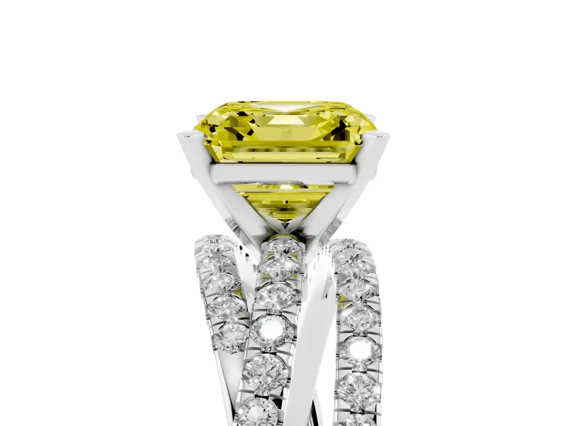 Fancy Yellow Asscher Cut Diamond Solitaire Twist Band Ring Set in Platinum with Pavé Setting and Prong Head