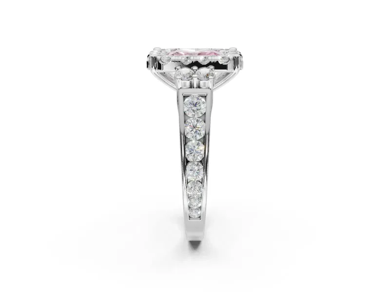 Radiant Cut Halo Engagement Ring Setting for a Fancy Pink Lab-Grown Diamond | Graduated Channel Band | Platinum