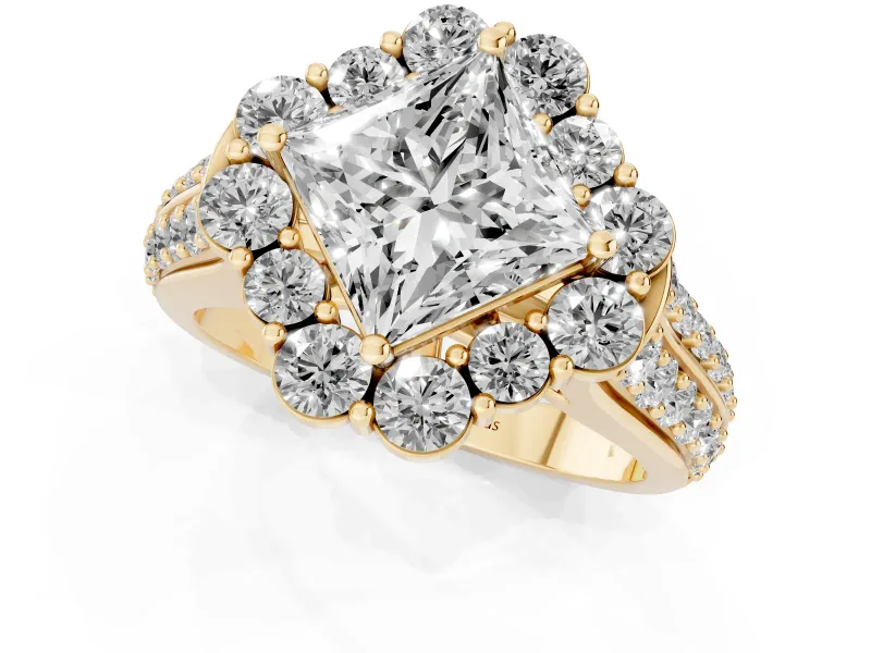 Princess Cut Large Accent Halo Engagement Ring Setting | Graduated Pavé | Yellow Gold