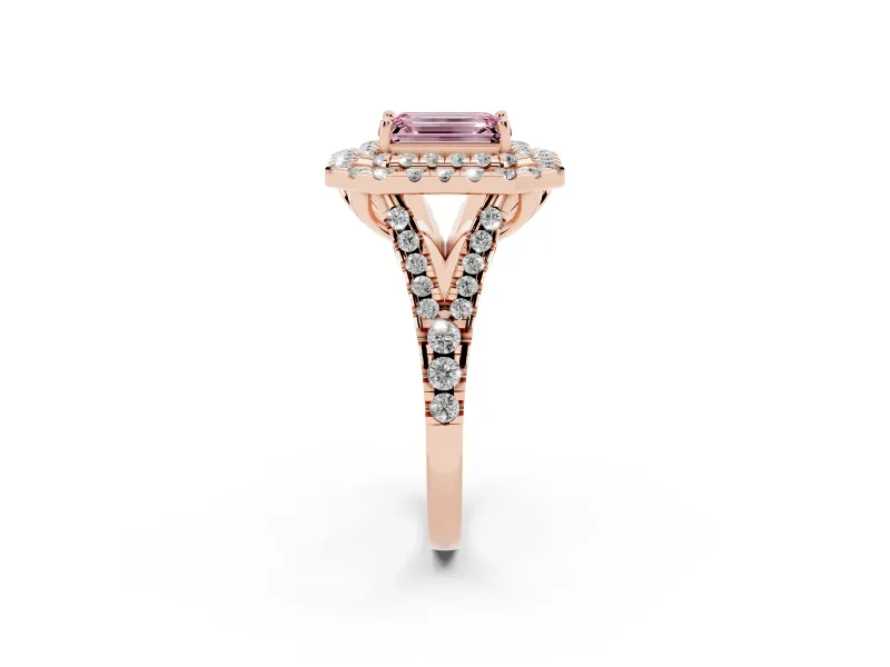 Emerald Cut Halo Split Shank Engagement Ring Setting for a Fancy Pink Lab-Grown Diamond | Pavé Strands | Rose Gold