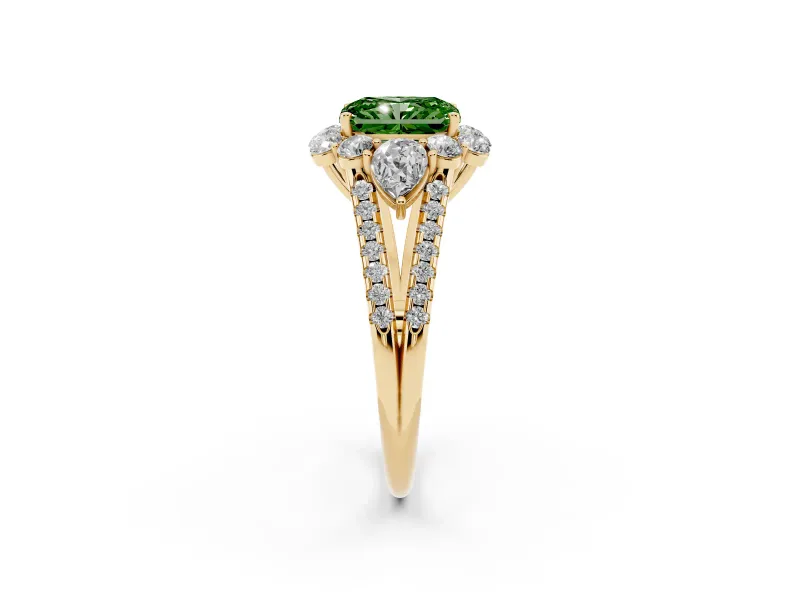 Fancy Green Radiant Cut Diamond Halo Split Shank Engagement Ring Set in Yellow gold with Prong-Held Center Stone