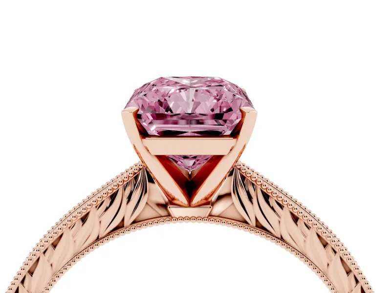 Fancy Pink Radiant Cut Diamond Solitaire Milgrain Engraved Band Set in Rose gold with Prong Setting