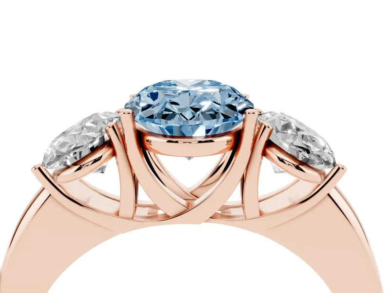 Oval Three Stone Engagement Ring Setting for a Fancy Blue Lab-Grown Diamond | Matching Side Stones | Rose Gold