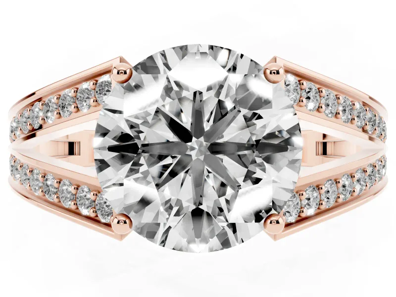 Round Cut Diamond Split Shank Ring Set in Rose gold with Pavé Band and Prong Setting