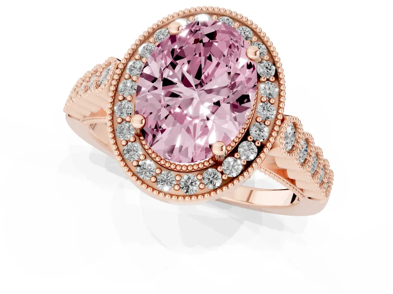Fancy Pink Oval Cut Diamond Milgrain Halo Solitaire Ring Set in Rose gold with Bezel Set Side Stones and Pavé Band