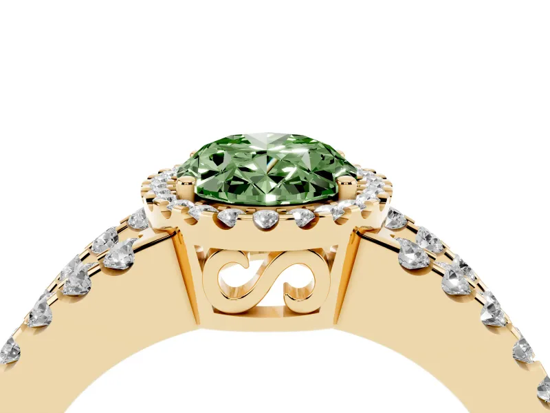 Fancy Green Oval Cut Diamond Halo Ring Set in Yellow gold with Pavé Split Shank and Prong Setting