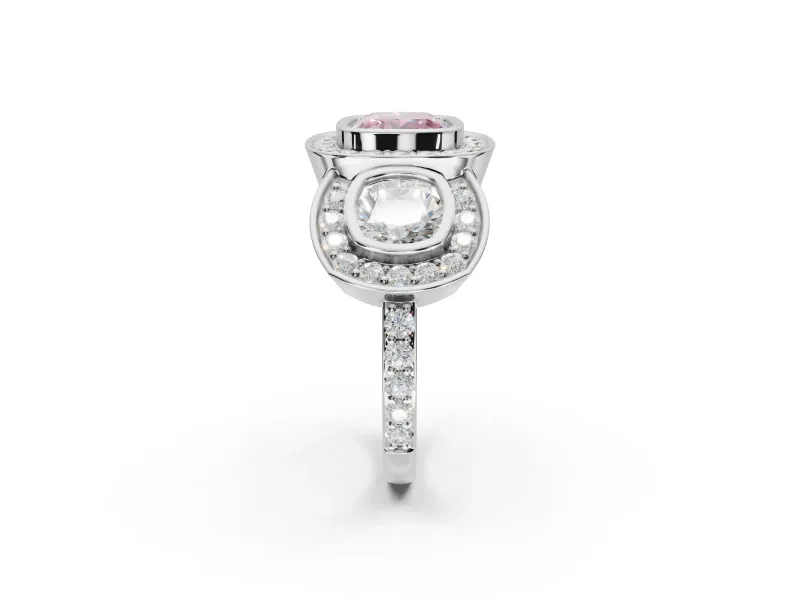 Cushion Cut Three Stone Halo Engagement Ring Setting for a Fancy Pink Lab-Grown Diamond | Platinum