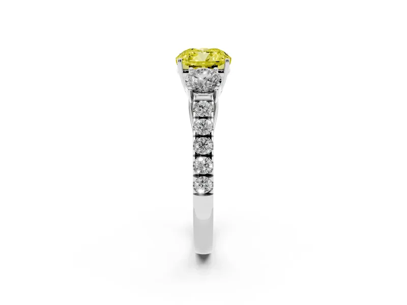 Fancy Yellow Cushion Cut Diamond Three-Stone Ring Set in Silver with Round Side Stones and Delicate Pavé Band