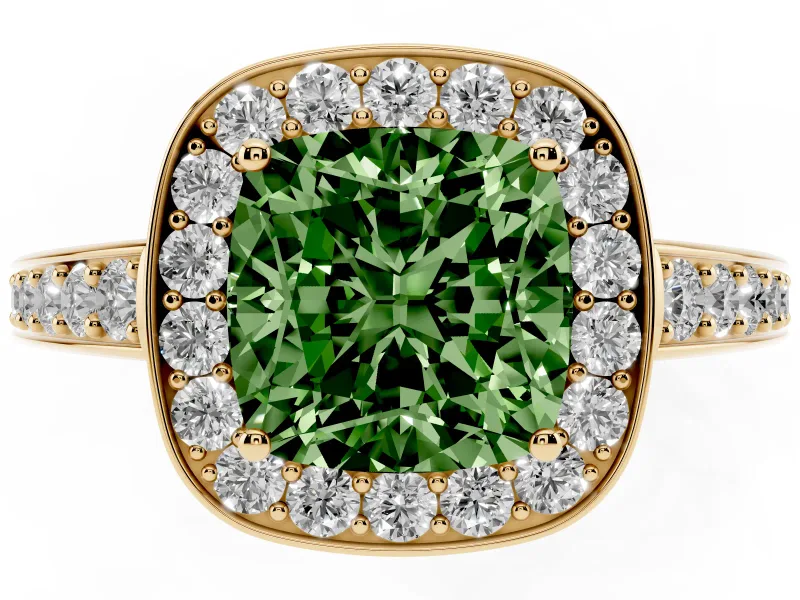 Fancy Green Cushion Cut Diamond Halo Pavé Engagement Ring Set in Yellow gold with Bezel Setting
