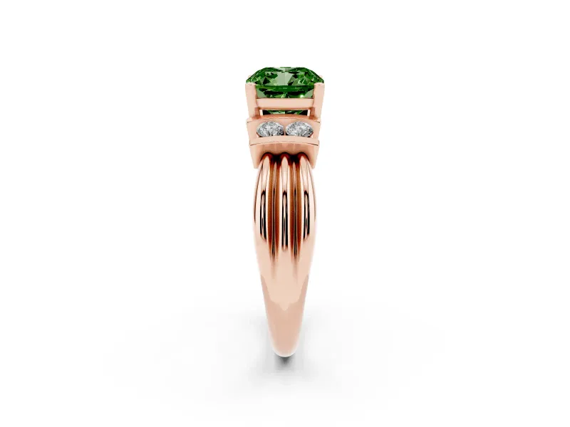 Fancy Green Three-Stone Cushion Cut Diamond Channel Set Ring Set in Rose gold with Bar Prongs