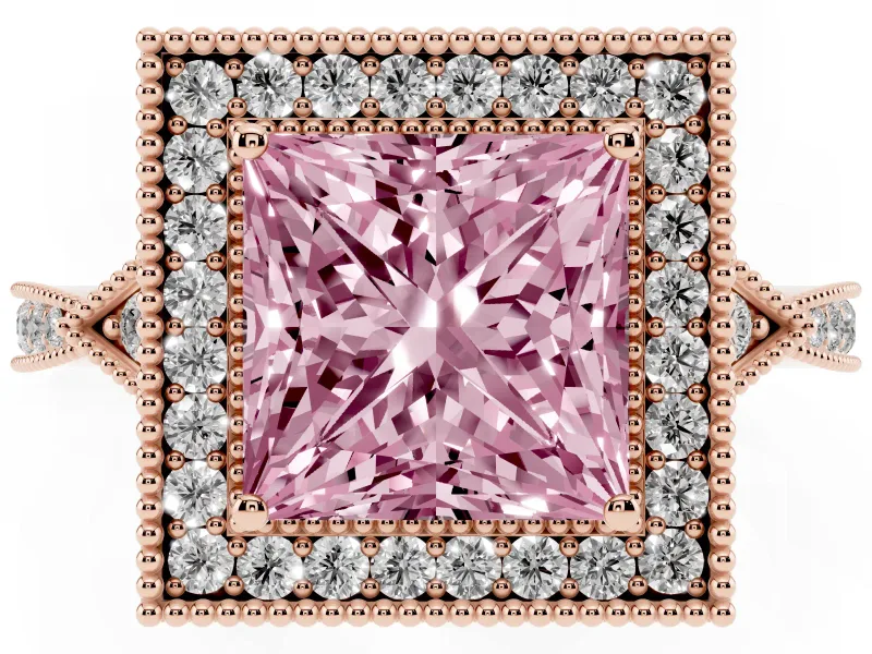 Fancy Pink Princess Cut Diamond Halo Engagement Ring Set in Rose gold with Milgrain Pavé Band