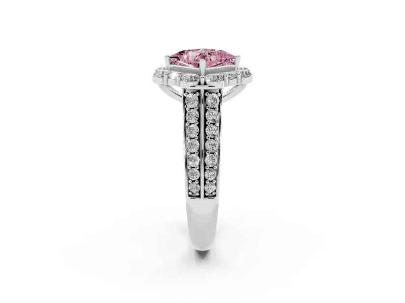Fancy Pink Princess Cut Diamond Halo Engagement Ring Set in White gold with Split Shank and Prong Setting