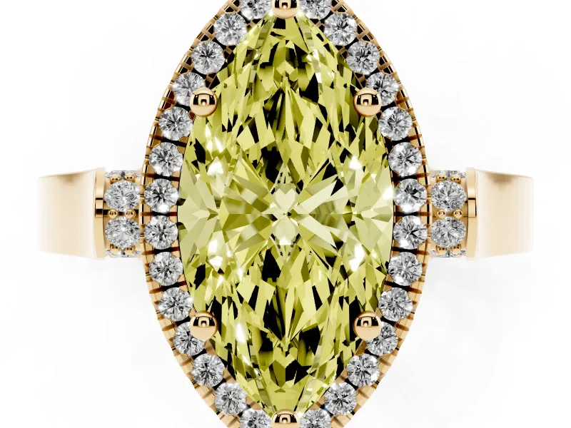 Fancy Yellow Marquise Cut Diamond Halo Ring Set in Yellow gold with Pavé-Lined Split Shank Band