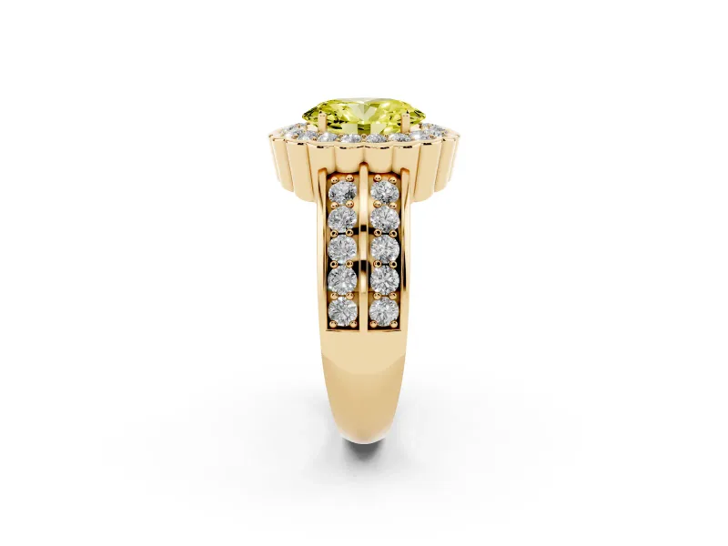 Oval Scalloped Halo Engagement Ring Setting for a Fancy Yellow Lab-Grown Diamond | Double Row Band | Yellow Gold