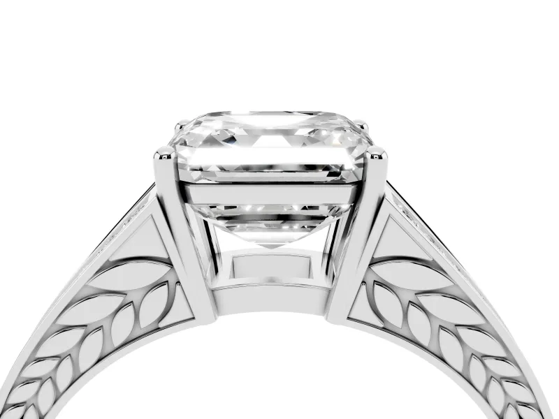 Asscher Cut Diamond Split Shank Ring Set in White gold with Pavé Band and Prong Setting