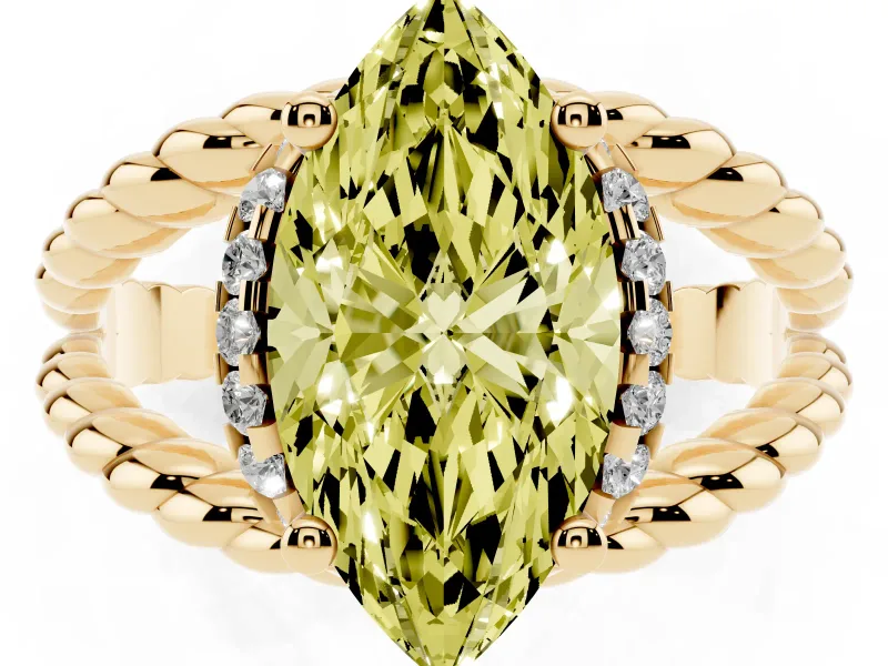 Fancy Yellow Marquise Cut Diamond Halo Ring Set in Yellow gold with Twisted Band and Prong Setting