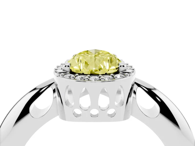 Fancy Yellow Pear Cut Diamond Halo Engagement Ring Set in White gold with Plain Split Shank and Prong Setting