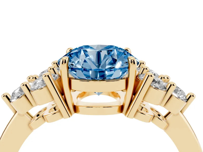 Round Cluster Side Stone Engagement Ring Setting for a Fancy Blue Lab-Grown Diamond | Yellow Gold