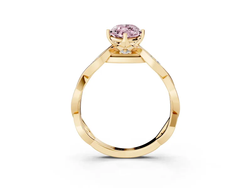 Fancy Pink Marquise Cut Diamond Twist Band Solitaire Ring Set in Yellow gold with Leaf Prong Setting and Accent Stones