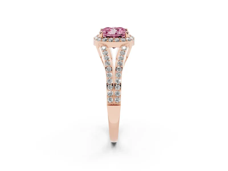 Cushion Cut Split Shank Halo Engagement Ring Setting for a Fancy Pink Lab-Grown Diamond | Rose Gold