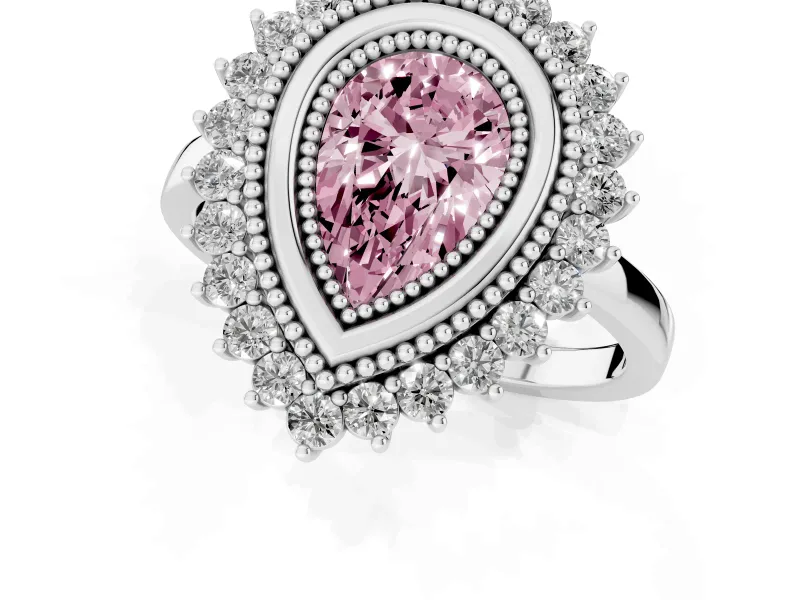 Fancy Pink Pear Cut Diamond Halo Ring Set in Silver with Milgrain Edge and Round Prong Setting