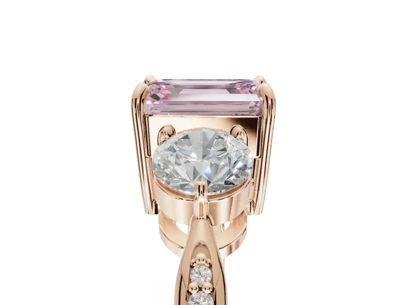 Emerald Cut Three Stone Engagement Ring Setting for a Fancy Pink Lab-Grown Diamond | Tapered Pave Band | Rose Gold