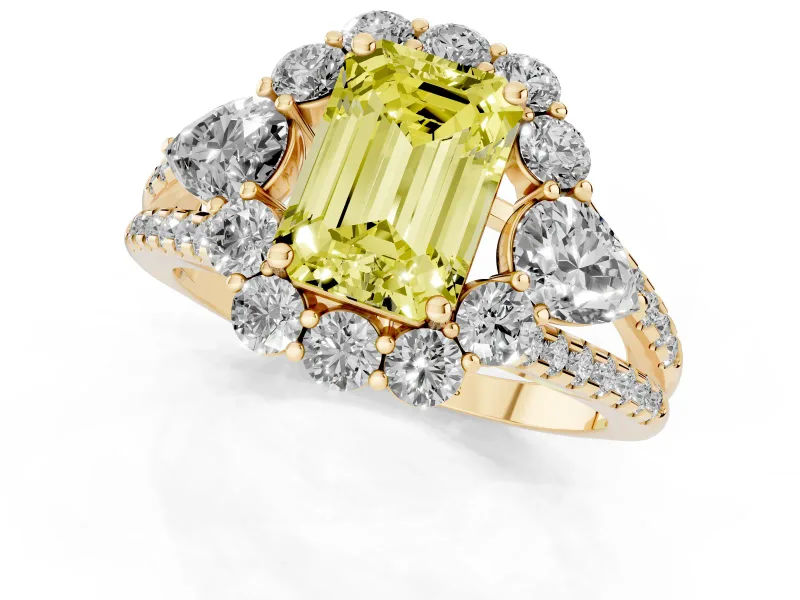 Fancy Yellow Emerald Cut Diamond Halo Split Shank Engagement Ring Set in Yellow gold with Prong-Held Center Stone