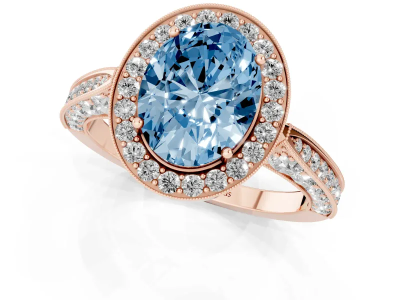 Fancy Blue Oval Cut Diamond Halo Engagement Ring Set in Rose gold with Accent Split Shank Band