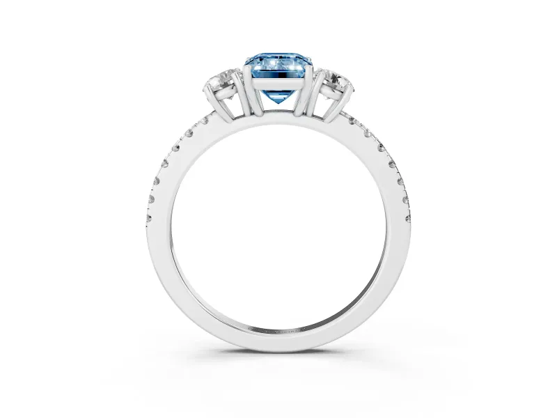 Emerald Cut Three Stone Engagement Ring Setting for a Fancy Blue Lab-Grown Diamond | Pave Shoulders | Platinum