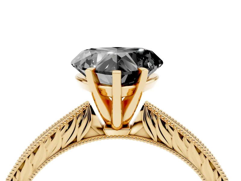 Fancy Black Heart Cut Diamond Solitaire Milgrain Engraved Band Set in Yellow gold with Prong Setting