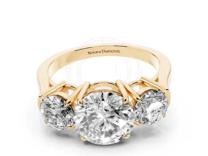 Round Cut Diamond Three-Stone Ring Set in Yellow gold with Round Accent Stones and Plain Band