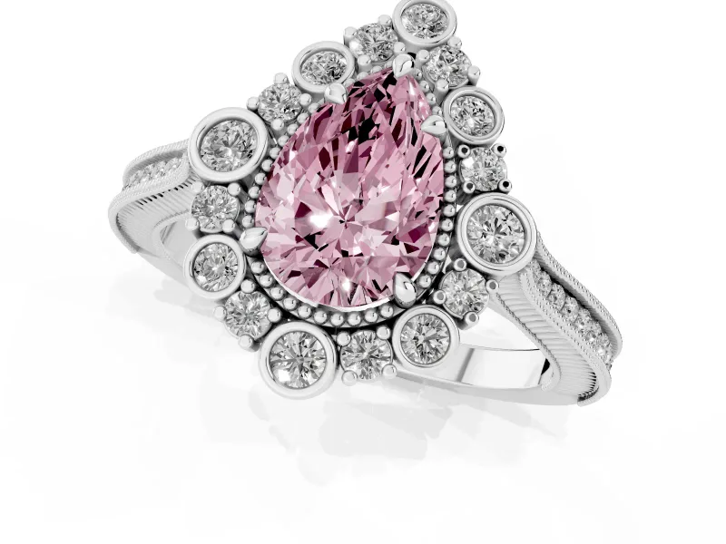 Fancy Pink Pear Cut Diamond Halo Milgrain Pavé Ring Set in White gold with Prong Setting