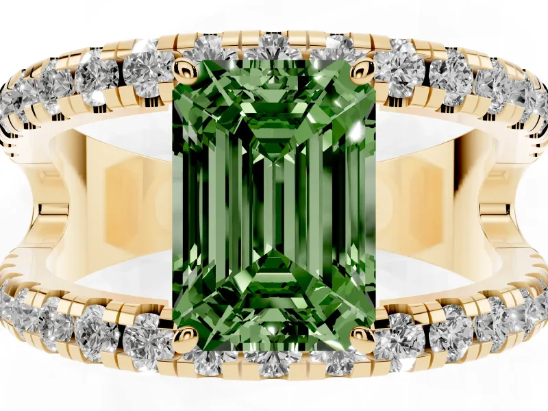 Emerald Cut Split Shank Pavé Engagement Ring Setting for a Fancy Green Lab-Grown Diamond | Yellow Gold