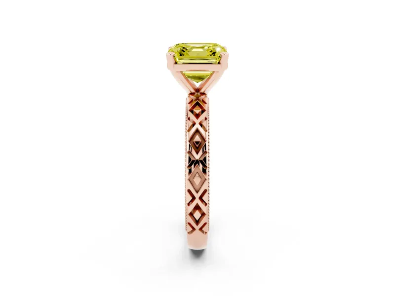 Fancy Yellow Asscher Cut Diamond Solitaire Ring Set in Rose gold with Milgrain and Black Enamel X Pattern Band