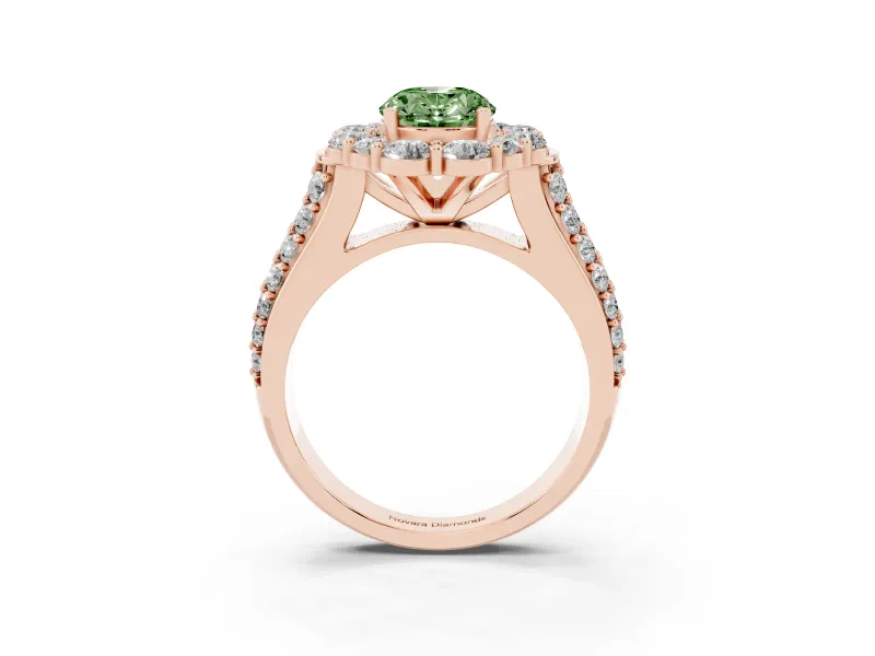 Fancy Green Oval Cut Diamond Halo Engagement Ring Set in Rose gold with Split Shank and Prong Setting