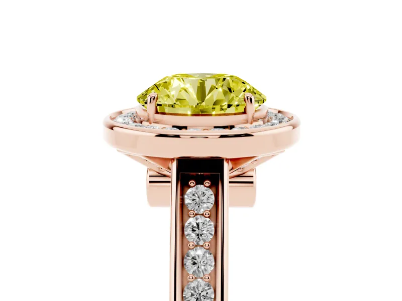 Fancy Yellow Round Cut Diamond Halo Solitaire Ring Set in Rose gold with Pavé Band and Bezel Setting
