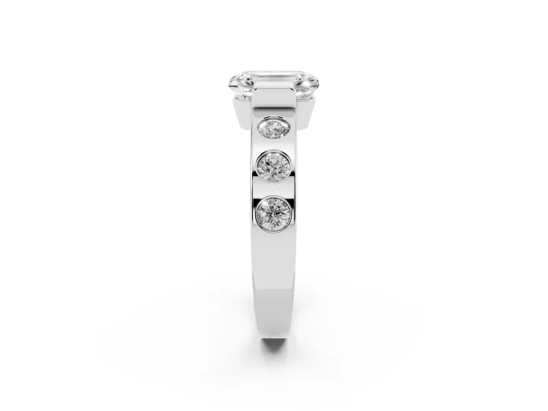 Emerald Cut Tension Style Engagement Ring Setting | Flush Set Accents | White Gold
