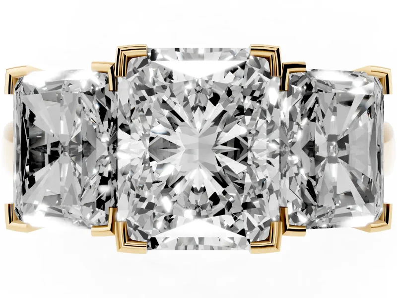 Radiant Cut Three Stone Engagement Ring Setting | Large Side Stones | Yellow Gold
