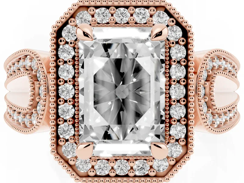 Emerald Cut Vintage Milgrain Halo Engagement Ring Setting | Open Loop Pave Shoulders | Rose Gold