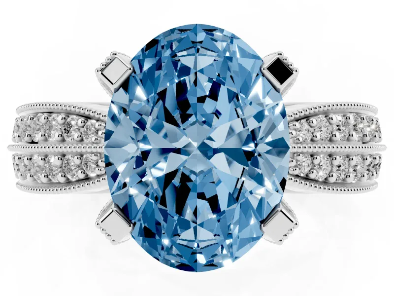 Fancy Blue Oval Cut Diamond Solitaire Ring Set in Platinum with Milgrain Double Row Round Pavé Band