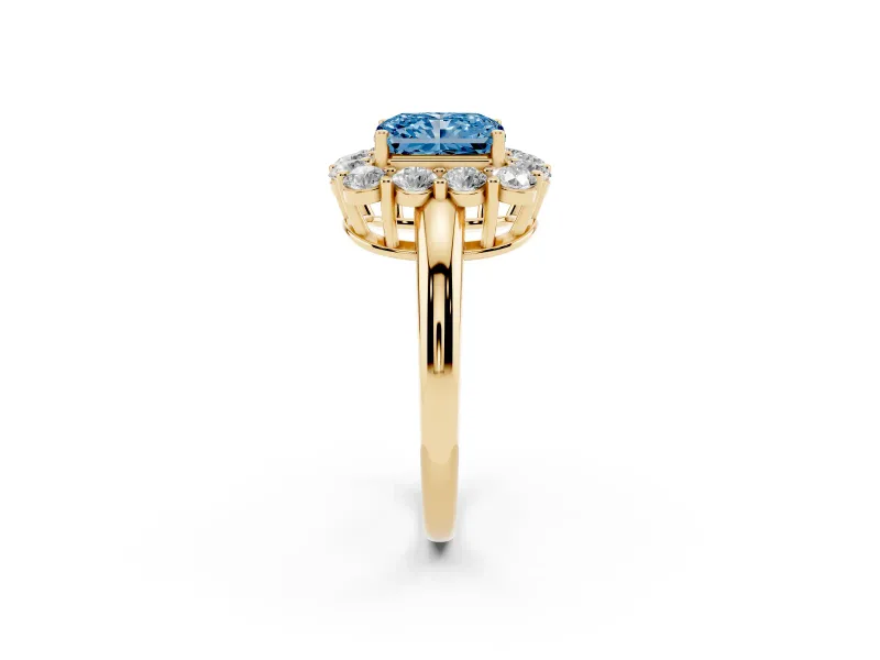 Radiant Cut Cluster Halo Engagement Ring Setting for a Fancy Blue Lab-Grown Diamond | Large Round Accents | Yellow Gold