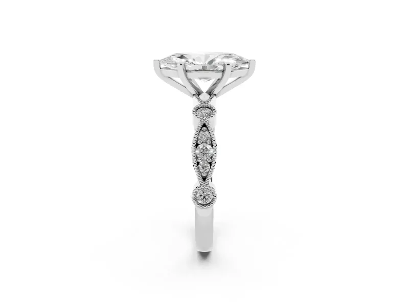 Marquise Cut Diamond Solitaire Engagement Ring Set in Silver with Milgrain Bezel Accent Band