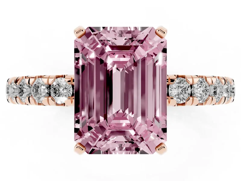 Fancy Pink Emerald Cut Diamond Pavé Solitaire Ring Set in Rose gold with Round Band and Prong Setting