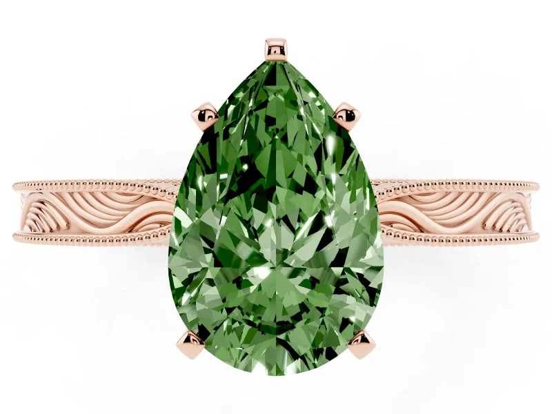 Fancy Green Pear Cut Diamond Solitaire Milgrain Engraved Band Set in Rose gold with Prong Setting