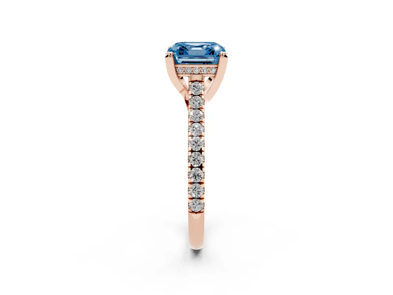 Asscher Cut Hidden Halo Pave Engagement Ring Setting for a Fancy Blue Lab-Grown Diamond | Claw Prongs | Rose Gold