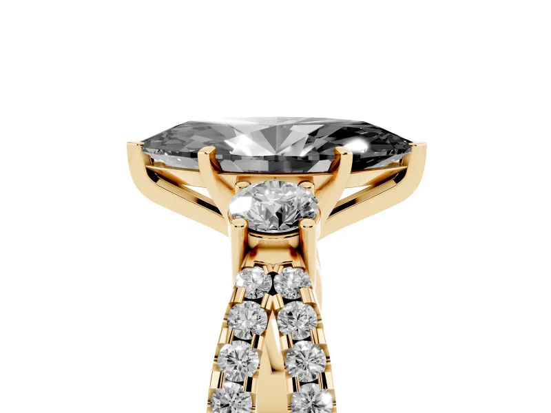 Fancy Black Marquise Cut Diamond Three-Stone Ring Set in Yellow gold with Pavé Split Shank and Prong Setting