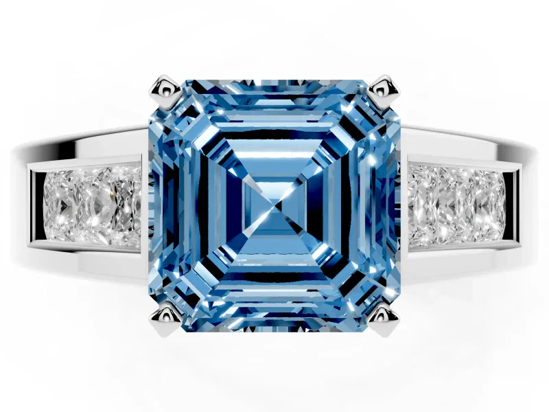 Fancy Blue Asscher Cut Diamond Solitaire Ring Set in Silver with Channel-Set Accent Stones and Prong Setting
