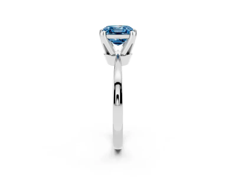 Fancy Blue Asscher Cut Diamond Solitaire Engagement Ring Set in White gold with Slim Tapered Solitaire Band