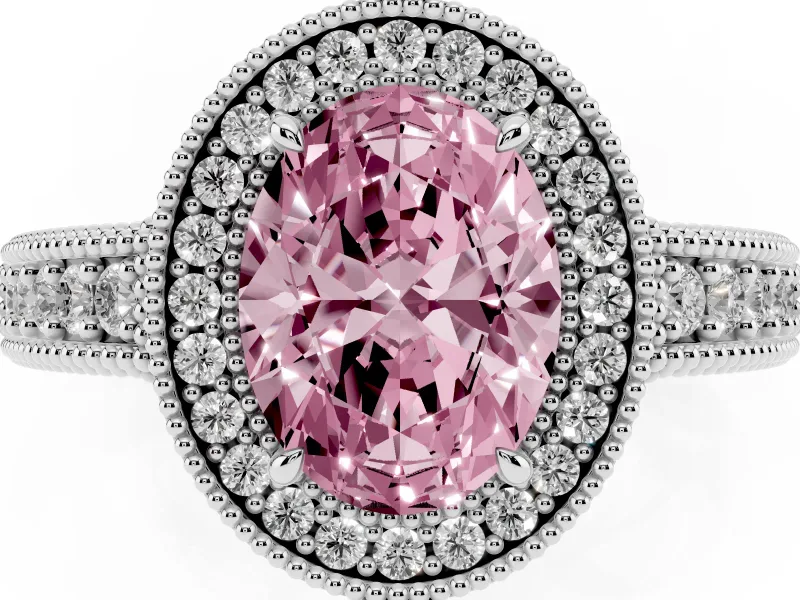Fancy Pink Oval Cut Diamond Halo Ring Set in White gold with Round Accent Halo, Pavé Band and Prong Setting